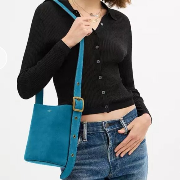 Coach Suede Bleecker Bucket Bag 21 w/Pouch in SeaBlue/Brass AND Easter Bag Charm - Picture 13 of 15